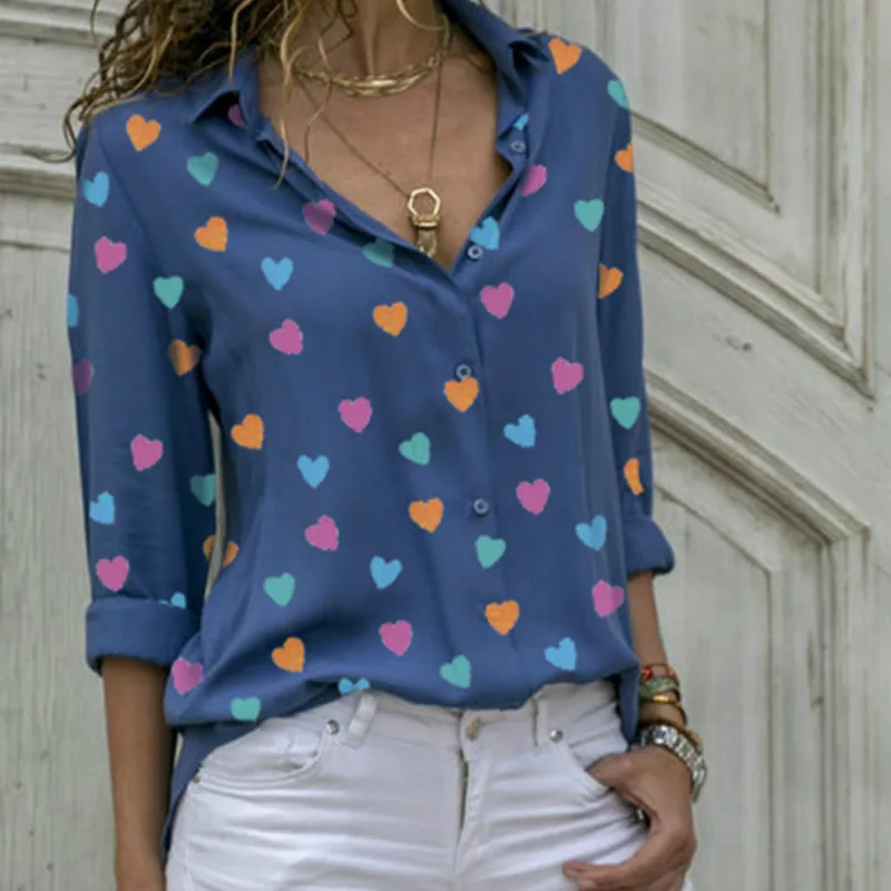 

Women's Tops Blusa New Heart Printed V Neck Lady's Shirts Spring Summer Bottom Blouse Plus Size 3XL White Blue Women Blouses