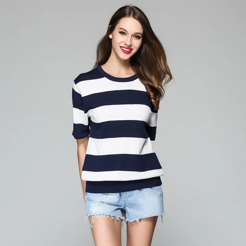 Fashionable Comfy Stripe Knitted Pullover Crew Neck Women Short Sleeve Pure Cotton Soft Sweaters Spring Summer Casual Wear | Женская