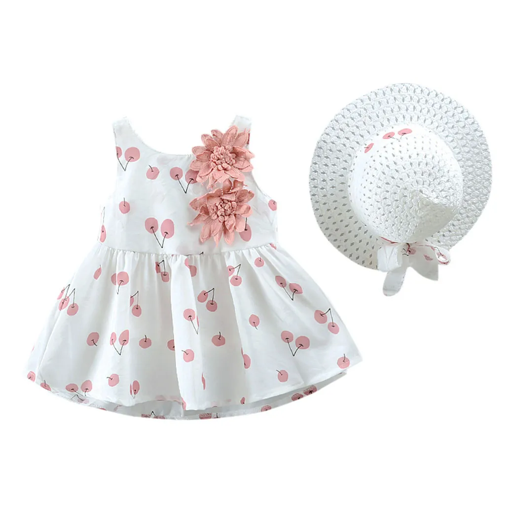 Платье принцессы без рукавов с цветочным принтом и вишневым принтом для маленьких девочек+ шляпа с бантом, комплект летней одежды из 2 предметов