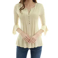 2018 New Arrival Women Flare 34 Sleeve Slim Beige V Neck Buttons High Quality Blouse Tops Elegant Shirt Tee For Ladies Wear