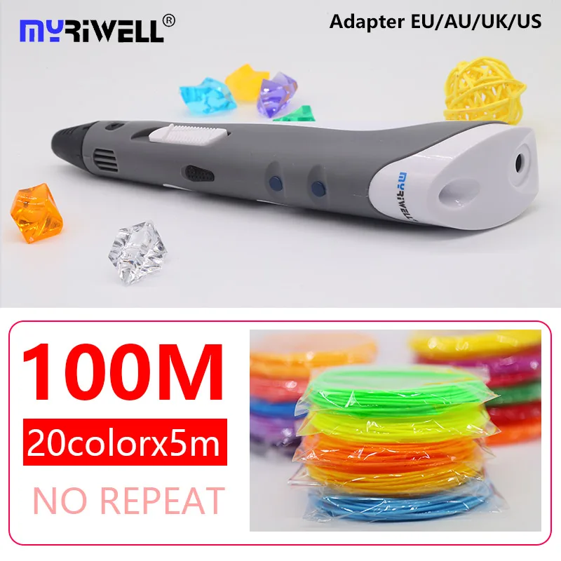 Myriwell 3d Ручка abs 1,75 мм нить 3d печатная ручка 3 d Ручка diy живопись инструменты умная 3D печать Ручка-паяльник с нитью 100 м - Цвет: Gray A20X5