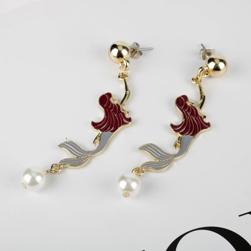 

Fashion Jewelry Alloy drop glazed mermaid pearl pendant long earrings ear stud