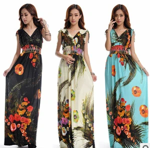 Beach Dress Plus Size 6XL Dresses Women Summer Casual Clothing Bohemian Silk Floral V-neck Maxi Dress Casual Vestido C99