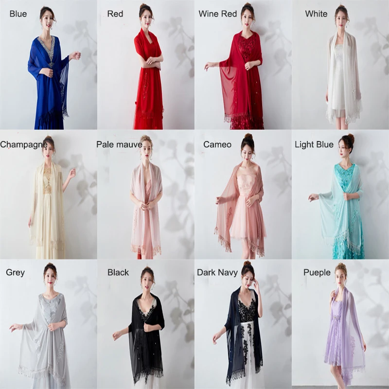 Long Chiffon Bolero Stole Lace Appliques Beaded Evening Dresses Wedding Shawls Wraps With Tassel Bridal Capes Party Ladies Scarf