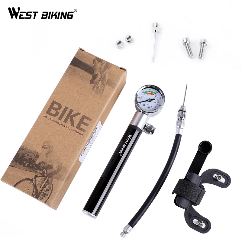 WEST BIKING Black Portable Bike Air Pump Mini Pressure Gauge Presta Schrader Pump for Bicycle Ball Tire Inflator Cycling Pumps