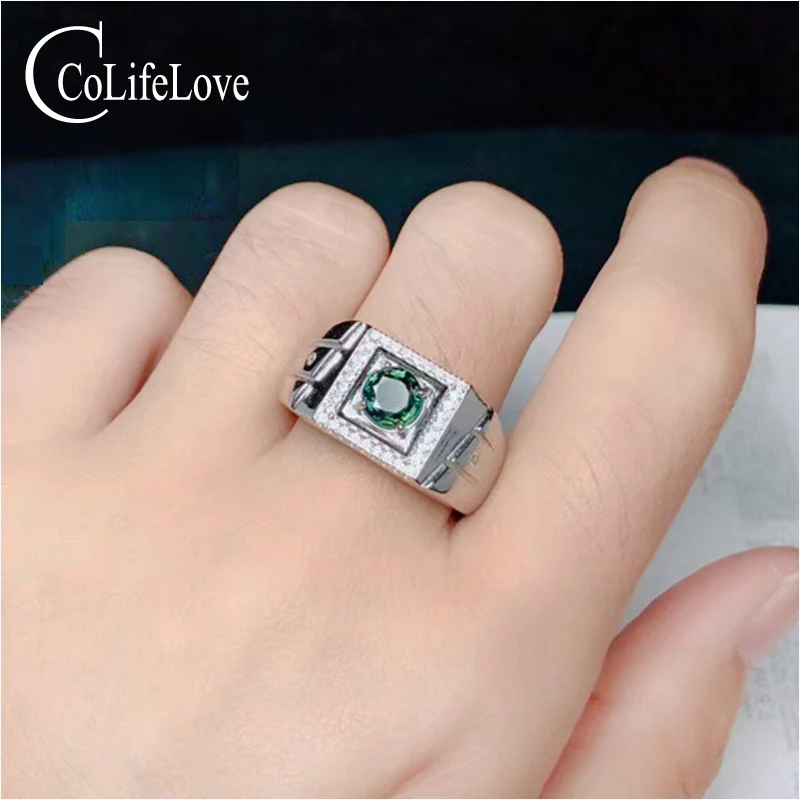 

100% Real Natural Green-blue Sapphire Man Ring 6 mm Sapphire Ring for Man Fashion 925 Silver Man Ring Birthday Gift for Man