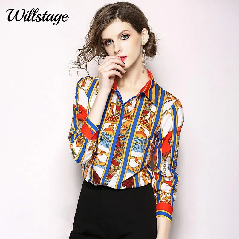 

Willstage Women Long Sleeve Shirts Printed Formal Elegant Blouse Office ladies work wear Pattern blouses 2018 Autumn clothing
