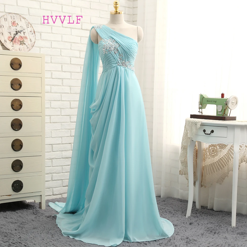 

New Turquoise Evening Dresses 2019 A-line One-shoulder Chiffon Beaded Crystals Long Evening Gown Prom Dress Prom Gown