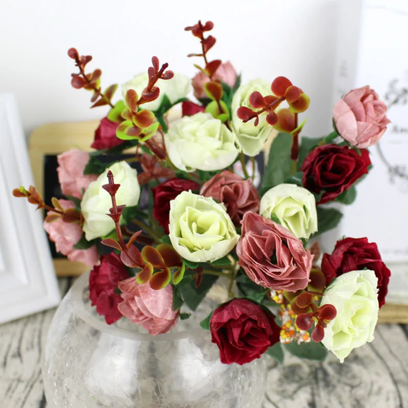 Flone Artificial Silk Rose Bouquet Fake Flowers Home Wedding Display Flower European Rose Small Bouquet Party Decoration (5)