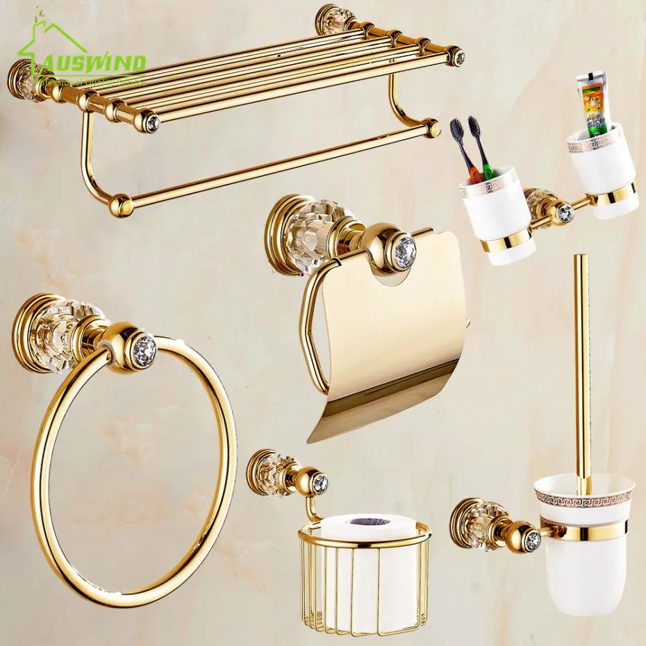 European Luxury Gold Crystal Brass Bathroom Accessories Bathroom Hardware Set Gold Soap Dish Towel Paper Holder send from Russia