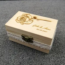 Индивидуальный подарок рустикальное свадебное кольцо на носителя коробки на заказ Гравировка Роза ваши названия и дата гравировка по дереву свадебное кольцо коробка кружева