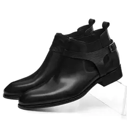 Модные мужские черные ботильоны из натуральной Кожаные модельные туфли ботинки осенние мужские мотоботы с пряжкой