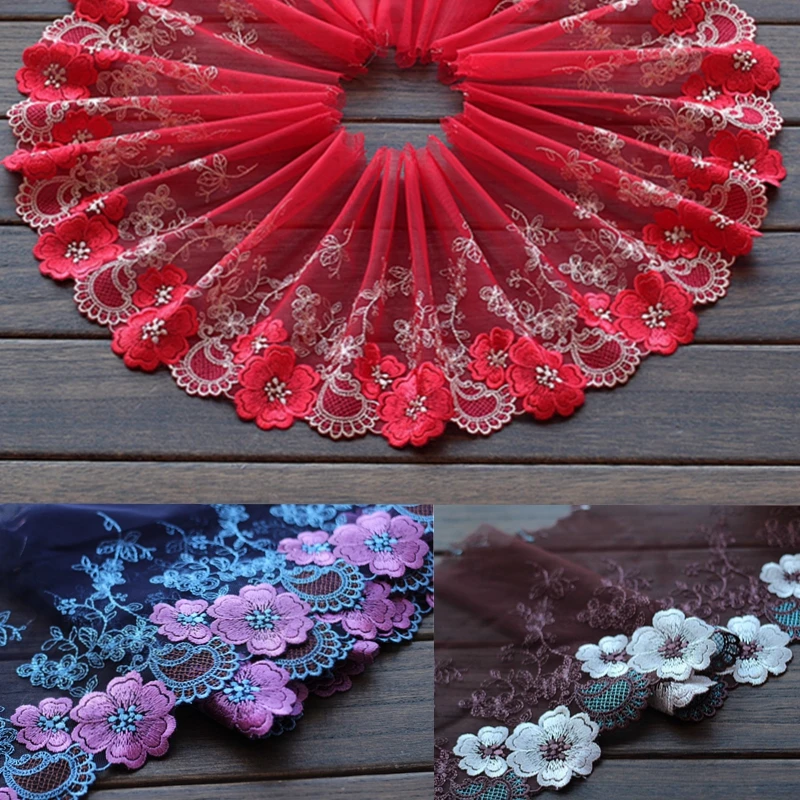 

2 Yards Lace Trim blue/red/coffee Embroidered flowers Tulle Lace 7.09 Inches Wide High Quality