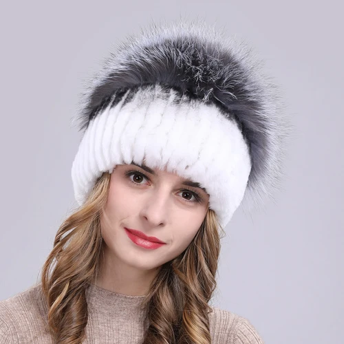 Outdoor Women Warm Soft Genuine Rex Rabbit Fur Hat Knitted Natural Real Sliver Fox Fur Caps Winter Real Rabbit Fur Beanies Hats - Цвет: color 5