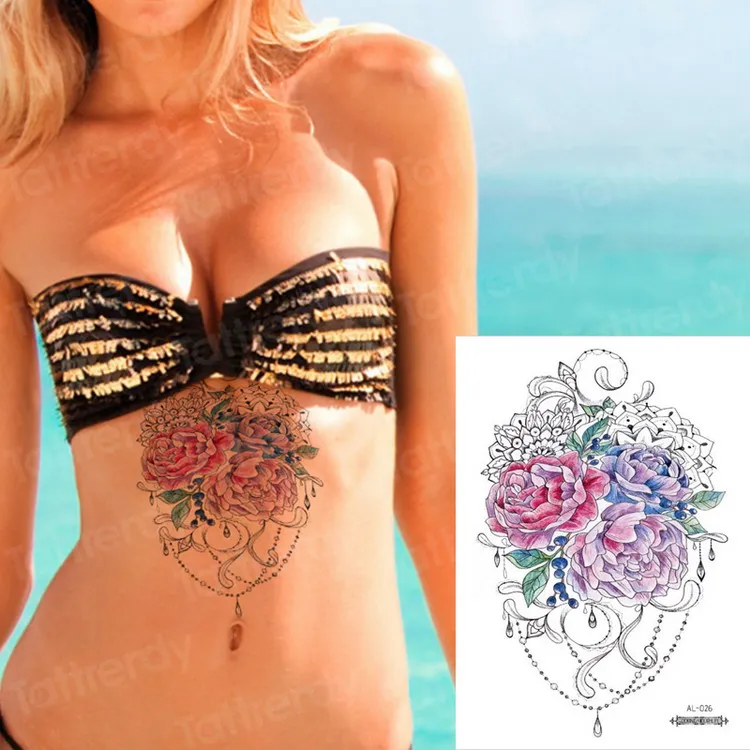 Водонепроницаемые Временные татуировки для женщин под татуировка на грудь Мандала Лотос эскиз цветок для росписи хной наклейки бикини сексуальные тату - Цвет: AL26