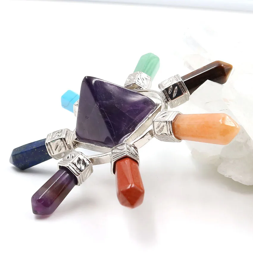 

xinshangmie Fashion Silver Plated Natural Purple Amethysts Pyramid Reiki 7 Chakras Hexagon Stone Energy Launcher Charka Pendant
