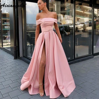 

Pink Muslim Evening Dresses 2019 A-Line Satin Strapless High Leg Slit Dubai Saudi Arabic Long Elegant Evening Gown Prom Dress