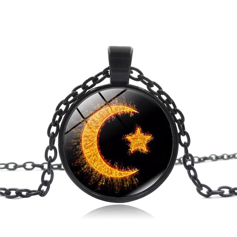 

2017 New 3 Colors Fashion Glass Crystal Muslim Moon And Star Pendant Necklace Chain Middle East Turkish Religious Jewelry Gift