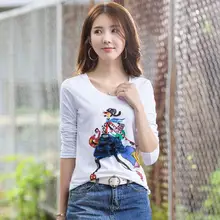 Модные брендовые женские высокого класса люкс осень бисера портной хлопка с длинными рукавами Футболки Топы