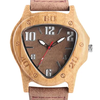 

YISUYA Top Men Wood Watch Special Triangle Face Scale Natural Bamboo Handmade Lightweight Quartz Watch Genuine Leather Strap