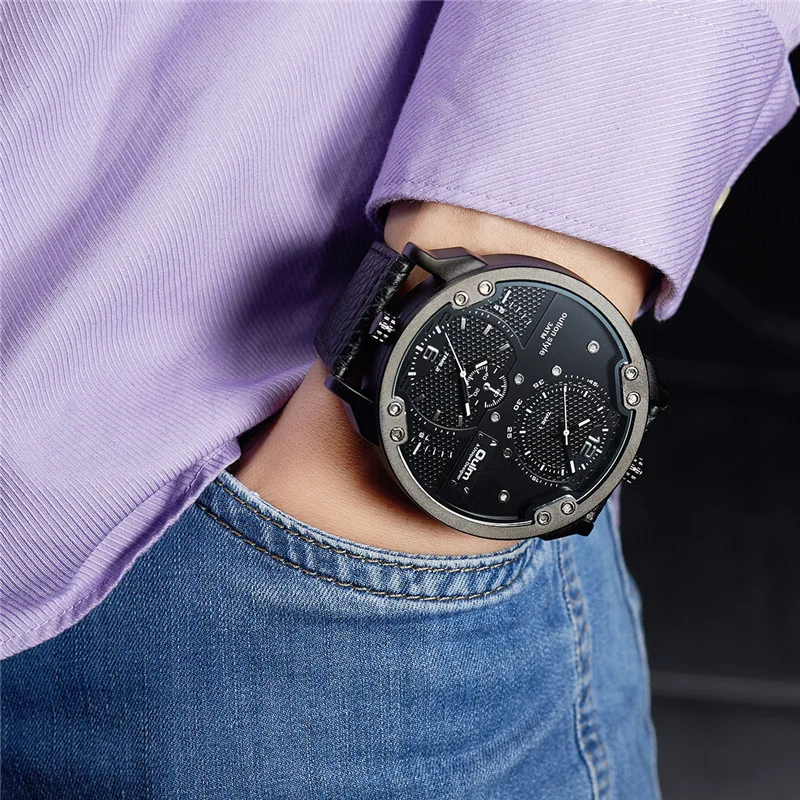  Oulm New Fashion Dual Time Zone Men's Watches Big Size Quartz Clock Male Leather Strap Wristwatch U
