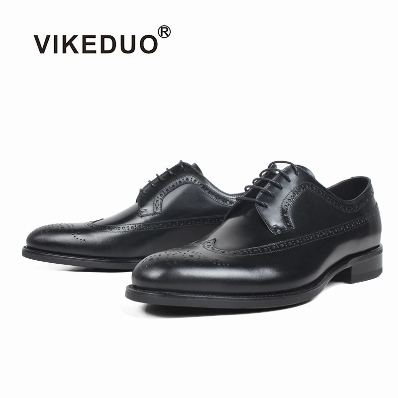 Мужская кожаная обувь VIKEDUO черная офисная с перфорацией типа броги для свадьбы