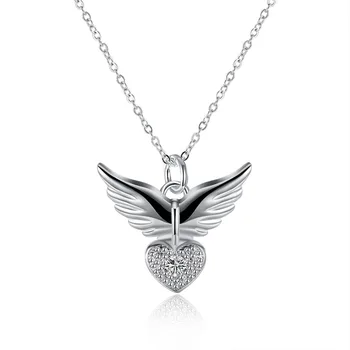 

925 Sterling Silver Necklaces Angel Wings Necklaces Jewelry Flying Wings Diamond Heart Necklace Simple Fine Valentine's Gift NEW