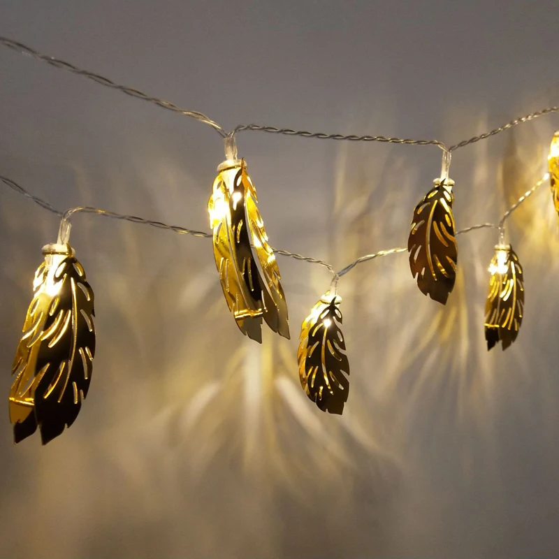 

1.5m Holiday Party LED Garland String Lights Golden Feather Leaves Party Featival Home DIY Decorations