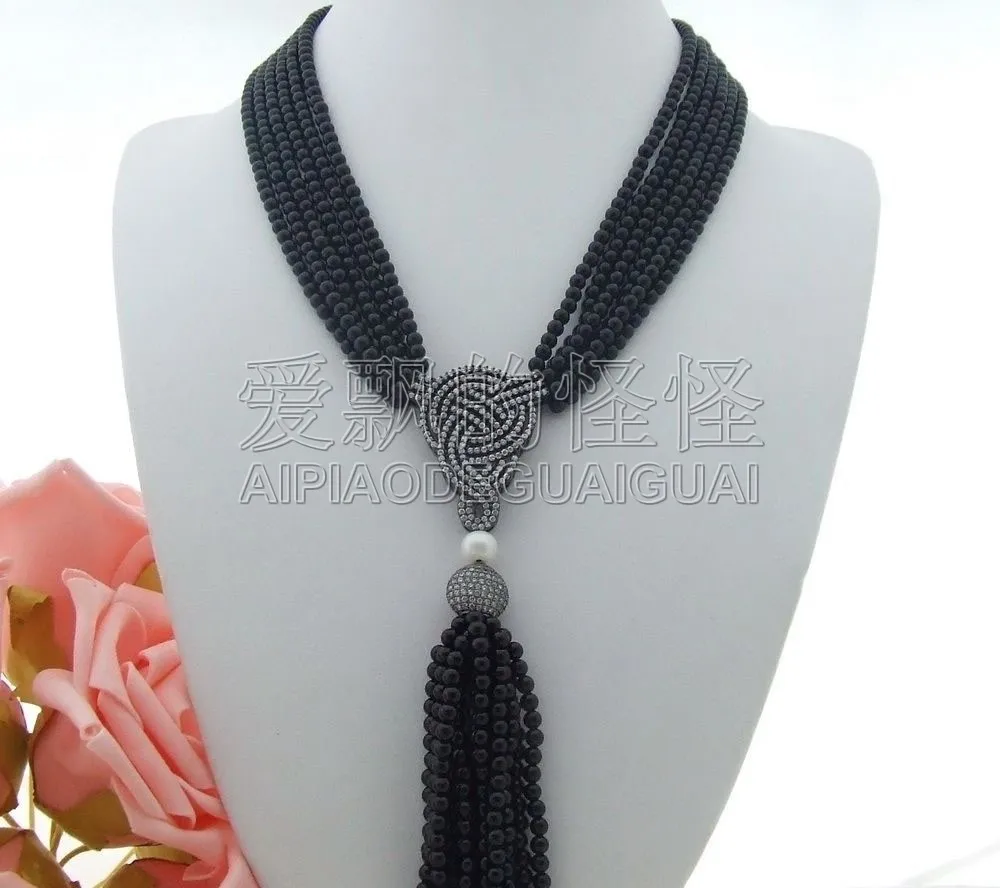 

Women's 20" 6 Strands White Pearl Round Onyx Necklace CZ Pendant