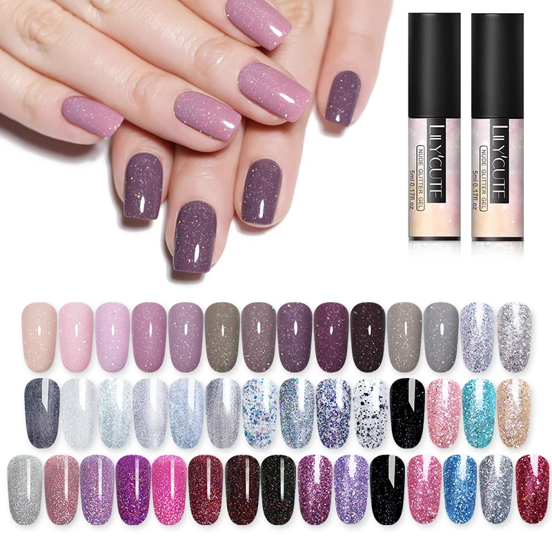 

LILYCUTE 5ml Nude Color Gel Polish Holographic Colorful Glitter Sequins UV Soak Off Long Lasting Gel Polish Nail Art Varnish