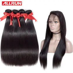 ALLRUN перуанский прямые волосы 3 Связки с 360 Кружева Фронтальная застежка не Реми 100% натуральные волосы Ткань Связки с закрытием