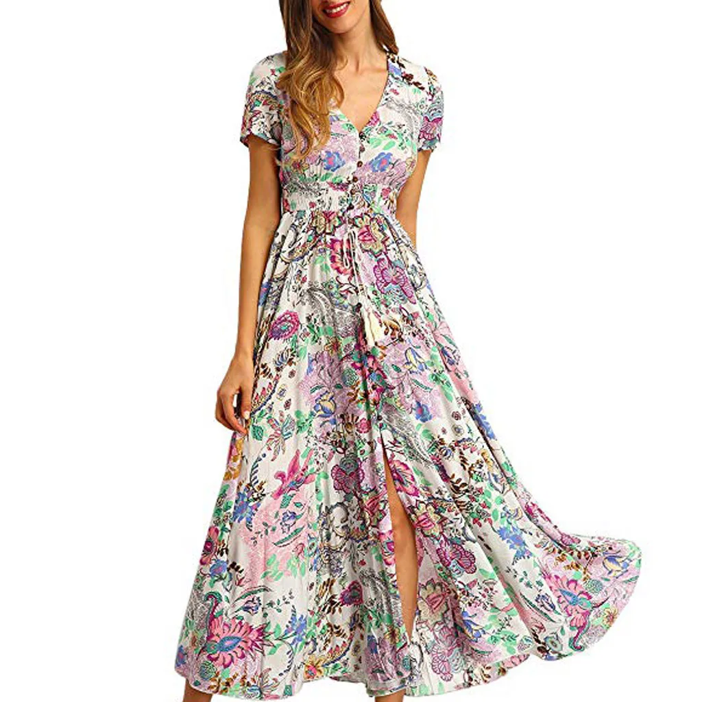 

Women Floral Print Button Up Split Flowy Party Maxi Dress S-2XL