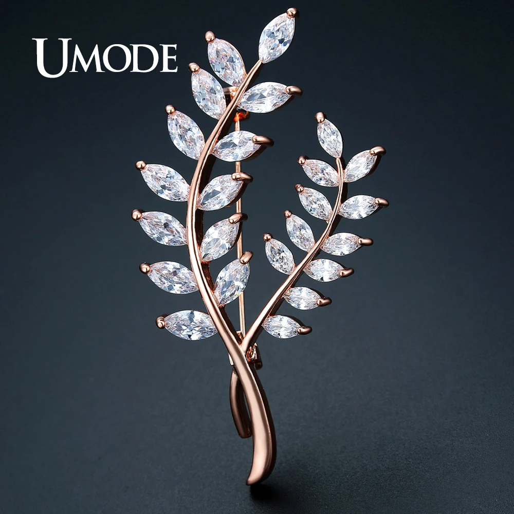 

UMODE New Vintage Jewelry Shining CZ Crystal Olive Leaves Brooches for Women Rose Gold Color Christmas Brooches and Pins AUX0019