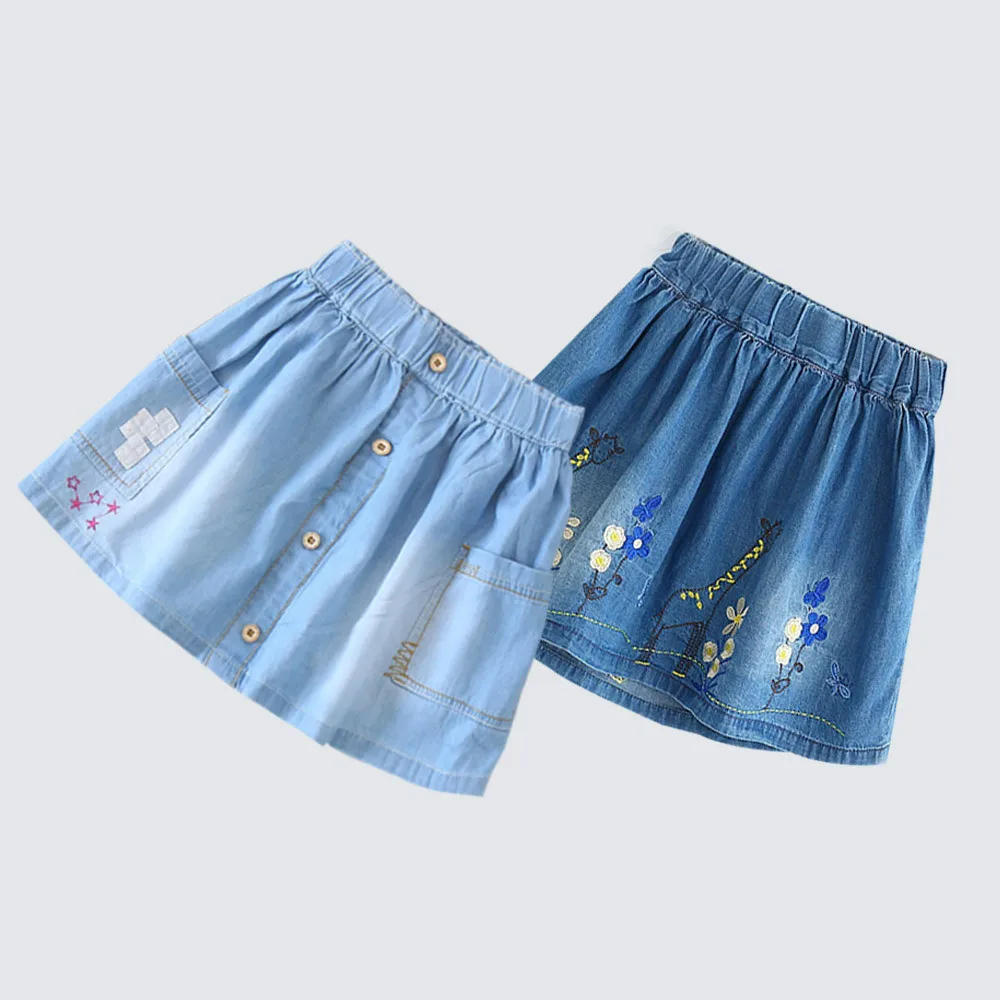 

#K05532 Girls Skirts Cute Embroidery Floral Denim Skirt