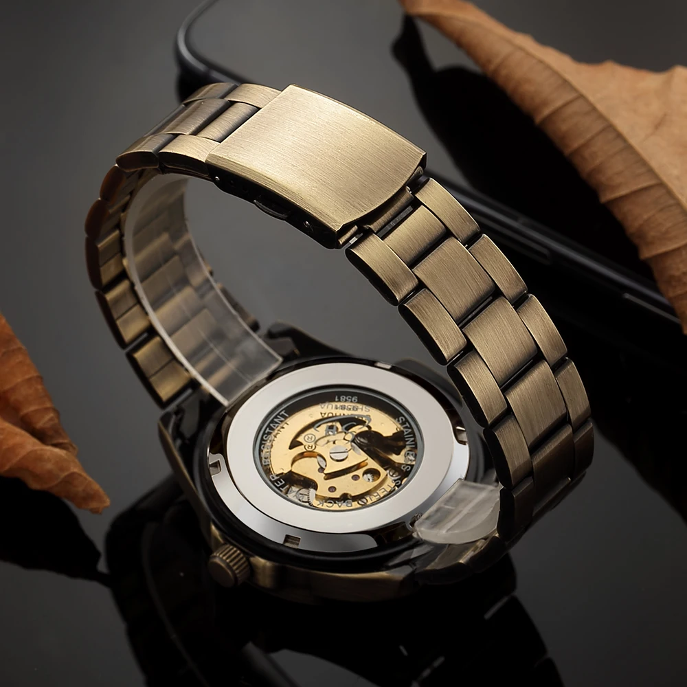 Мужские Shenhua бренд класса люкс Бронзовый Скелетон механические наручные часы Нержавеющая сталь самозаводящиеся автоматические часы Relogio Masculino