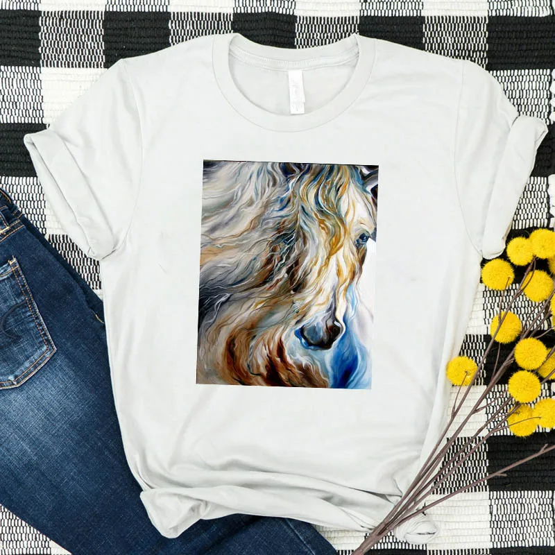 

Women Shirt Womens Horse Summer Oil Painting Casual Tshirt Tees Printed Graphic Top Clothes Short Sleeve Female T-shirt