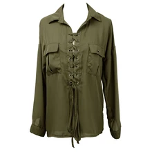 Autumn Fashion Women casual shirt blouse Long Sleeve deep v-neck sexy lace up hollow out loose pocket solid blouse tops
