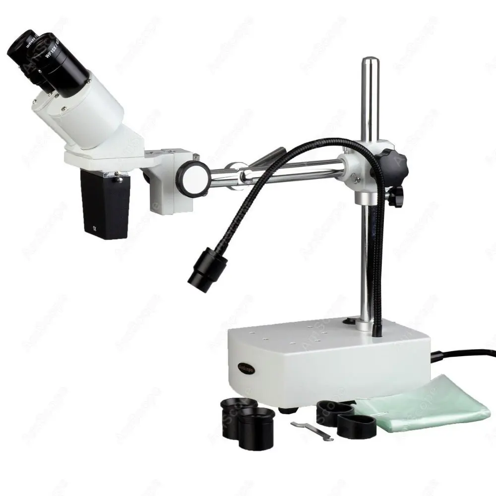 Binocular Boom Arm Stereo Microscope--AmScope Supplies 5X-10X Binocular Boom Arm Stereo Microscope + Light