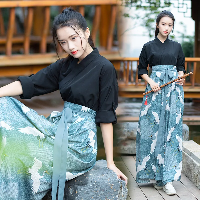 Китайский стиль Улучшенный Hanfu два носить воротник рубашка Yihe юбка с принтом Han