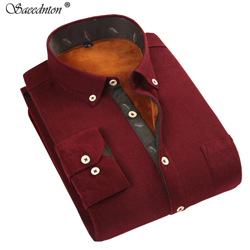 

Men Casua Dress Shirt 2019 New Winter Men's Casual Solid Fleece Corduroy Thicken Warm Shirt Male Solid Cotton Long Sleeve Shirt