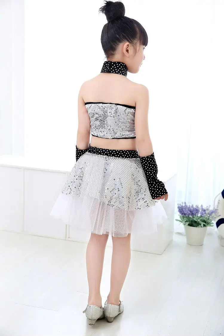 Girl Jazz Dance Children Sequin Modern Dance Hip Hop Costumes Girl Stage Jazz Costumes Suit for Girls Top and Skirt