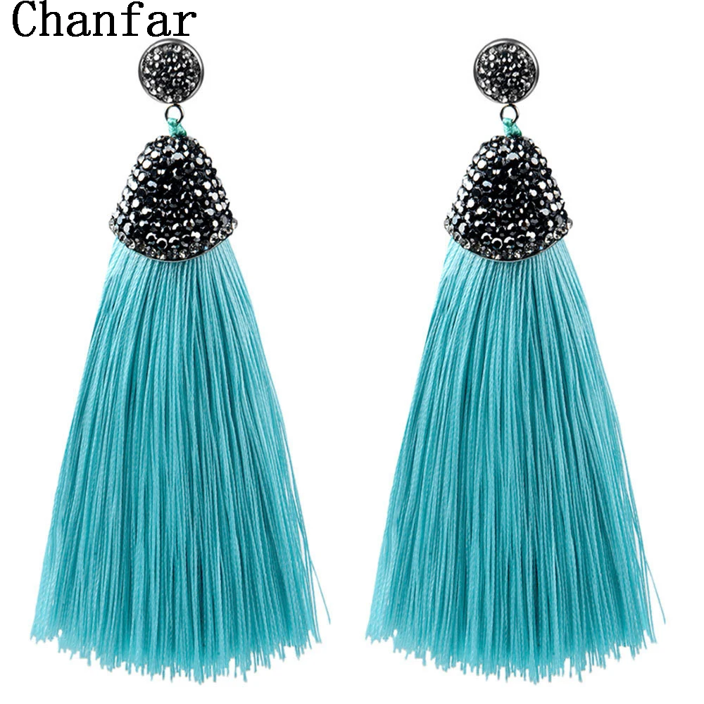 Vintage Bohemian font b Crystal b font Long Silk Tassel Earring Women Rhinestone Charm Stainless Steel