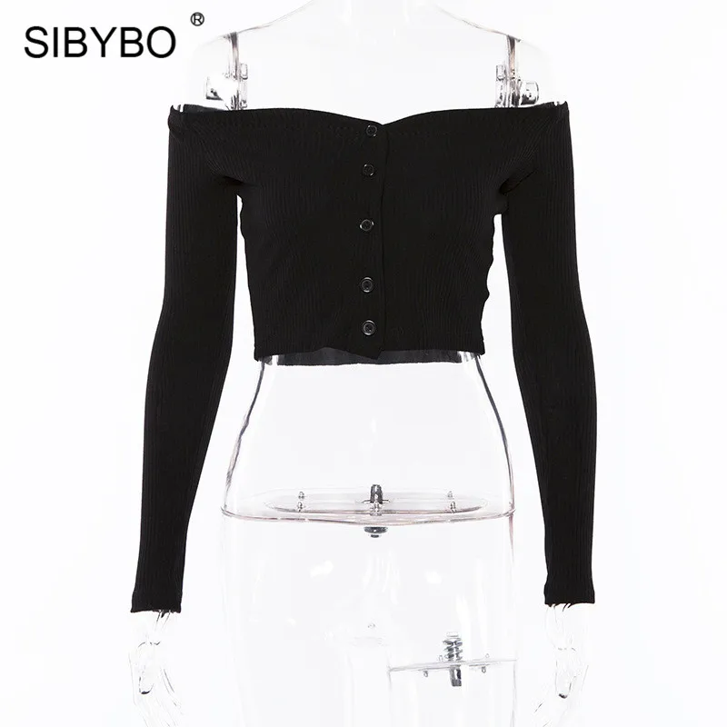 Женский короткий топ Sibybo с длинным рукавом и вырезом лодочкой|Футболки| |