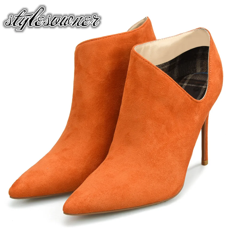 

Stylesowner High End British Style Flock Solid Color Woman Short Boots High Heels Black Shallow Slip-on Ankle Boots for Female