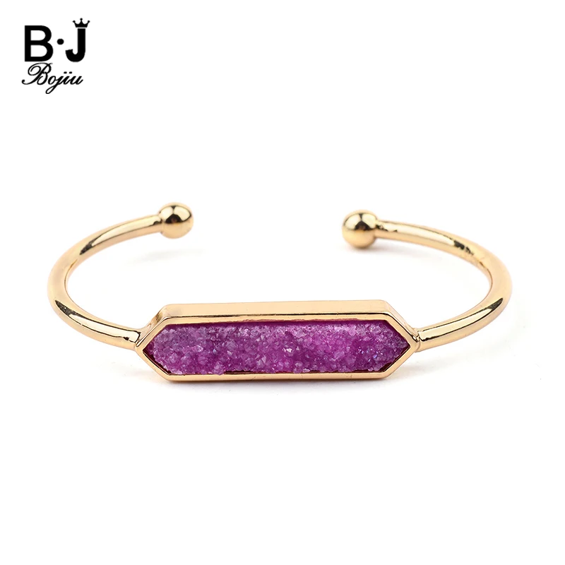 

BOJIU New Design Natural Druzy Stone Gold Cuff Bracelets Women Boho White Pink Purple Blue Green Drusy Bracelets & Bangles BR034