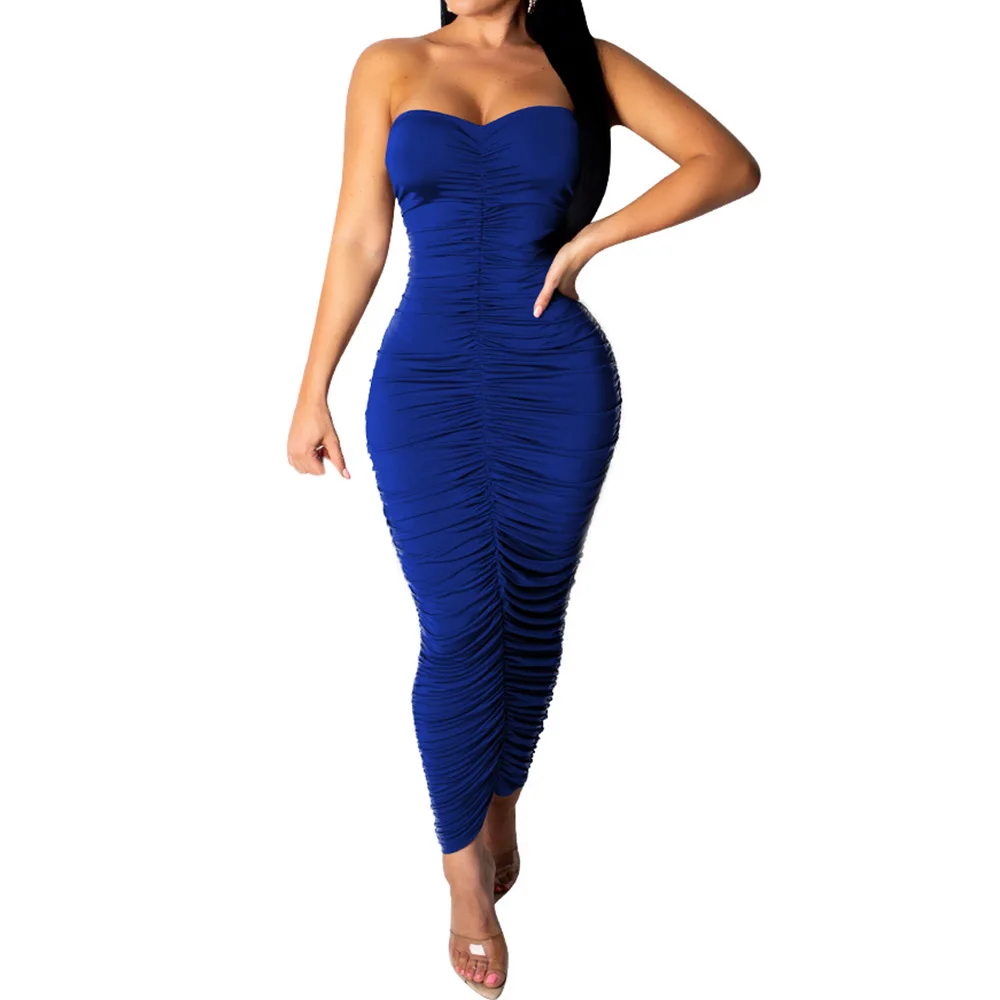 

Women Bodycon Bandgae Slim Pencil Dress Sexy Off Shoulder Sleeveless Pleated Maxi Dress Summer Elegant Femme Clothing Vestidos