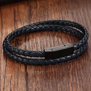 

XQNI Vintage Style Interlocking & Stitching Braided Design 2 Colors Multi-layer with Magnet Clasp Men Genuine Leather Bracelet