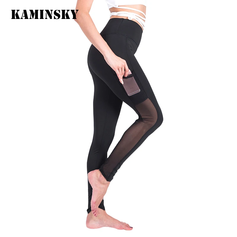 

Kaminsky Slim Mesh Splice Ladies Sexy Legging Pants Black Long Trousers Leggins Sportswear Casual Pants Pockets Women Leggings