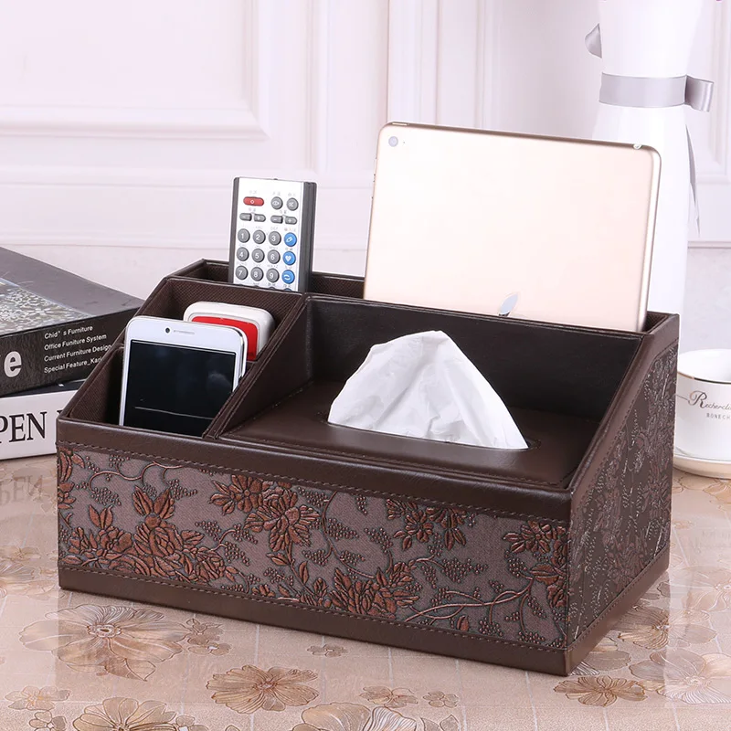 

Multifunctional tissue box pumping paper box vintage PU leather remote control storage box table napkin paper box