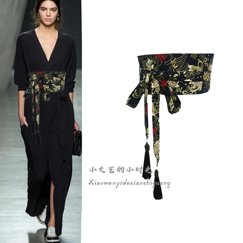 Elegant Red Cotton-Linen Tassel Waist Belt with Cummerbund